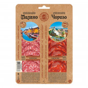 Колбаса Иней Мясная история Чоризо+Милано с/к нарезка микс 100г Колбаса Иней Мясная история Чоризо+Милано с/к нарезка микс 100г