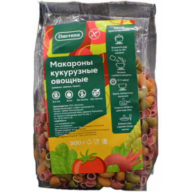 Макароны Диетика рожки кукурузные овощные 300г